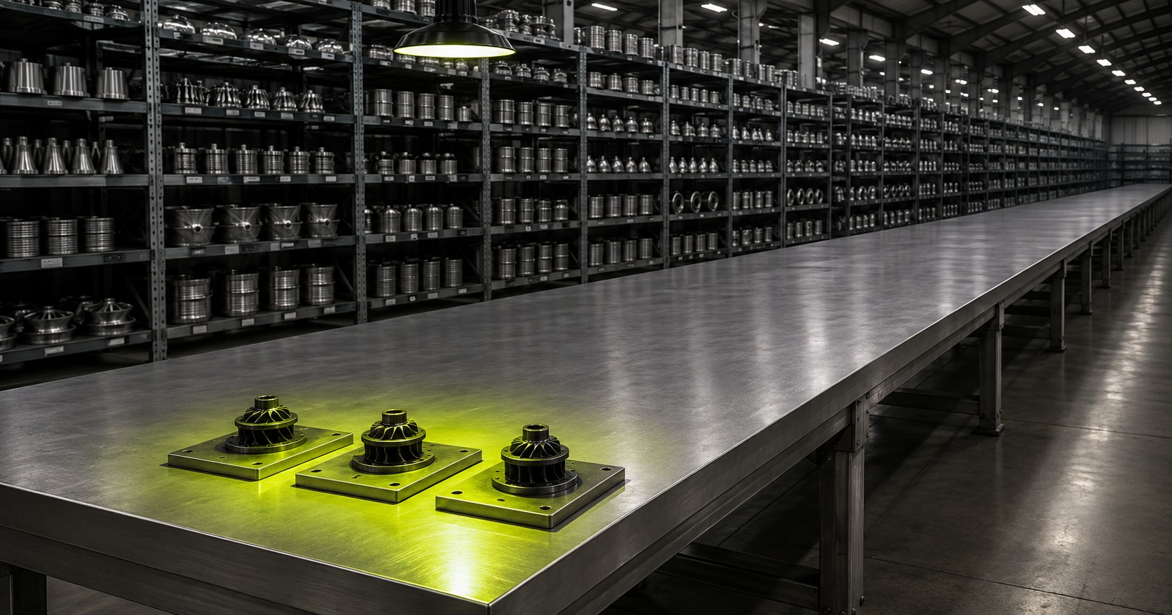 Ein sehr langer Tisch aus Edelstahl in einer hellen Lagerhalle. Dahinter stehen Regale bis unter die Decke, voll mit gleichen Metallteilen, alles gut beleuchtet. Am vorderen Ende des Tisches liegen drei Bauteile, auf die eine Hängeleuchte grünes Licht wirft. Der ganze übrige Tisch ist leer.