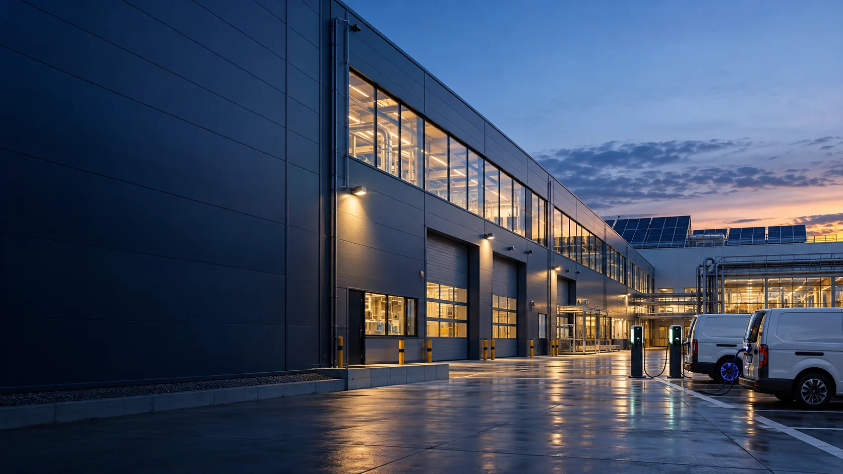 Industriebetrieb mit Ladeinfrastruktur und Solarmodulen